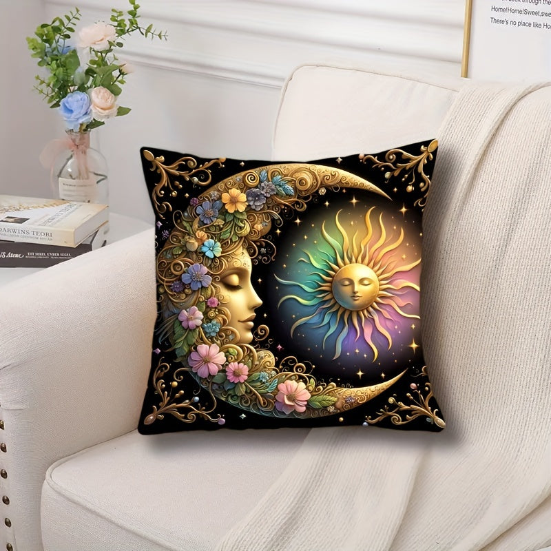 Bohemian-style celestial sun and moon pillow cover, 44.96x44.96 cm, machine washable polyester knit fabric, ideal for home and bedroom decor. Zippered decorative cushion cover, perfect for living room. Architectural collectible accessory (pillow insert