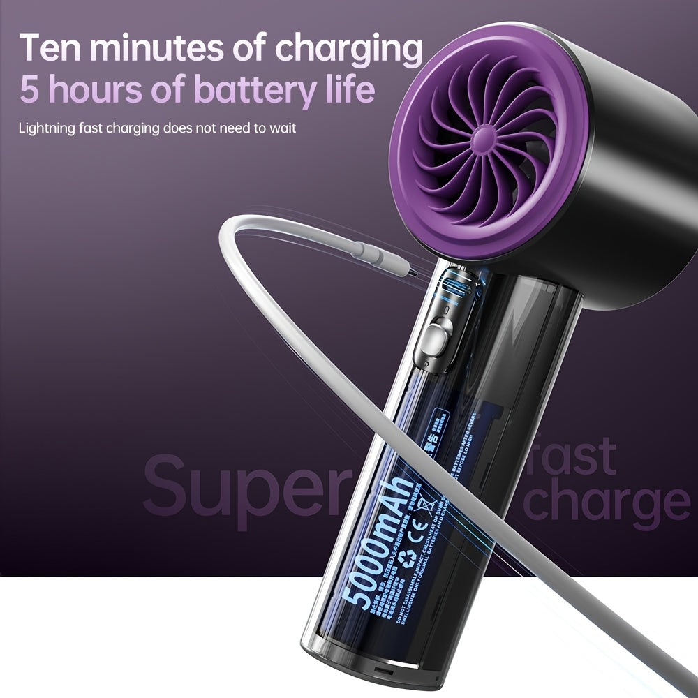 This portable mini handheld fan offers 100-speed wind force adjustment with a turbo feature. It includes an LED display for monitoring battery life and speed settings. The fan is USB rechargeable and includes a built-in aromatherapy feature. It also has