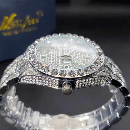 Luxury men's watch with luminous hands, large diamond, quartz movement, and hip-hop rock fashion design.