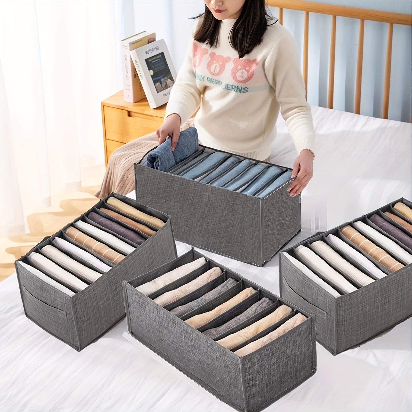 Clothing storage organizer for your bedroom closet, featuring drawer dividers for socks and underwear.