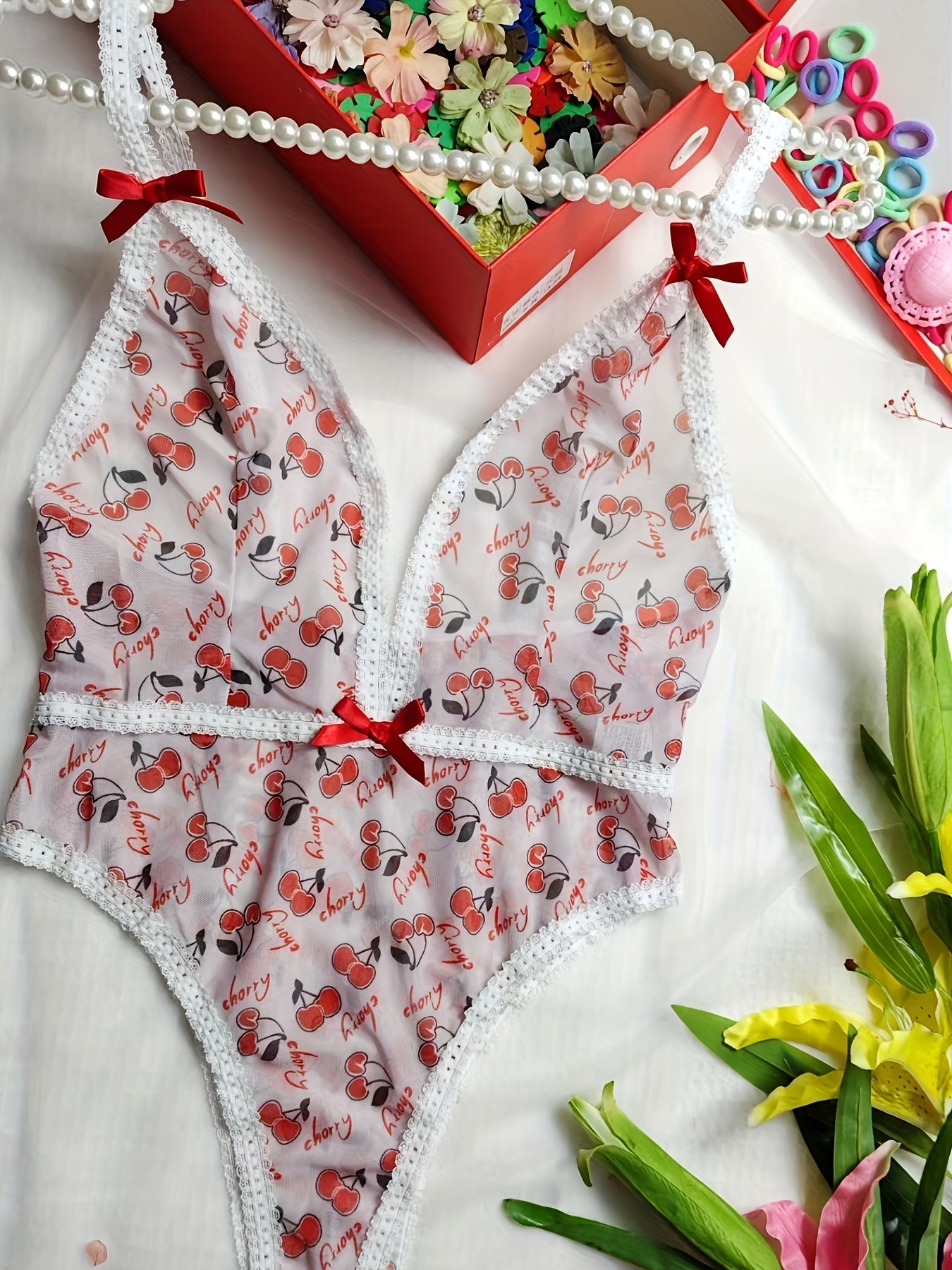 Cherry Print Deep V Body Suit