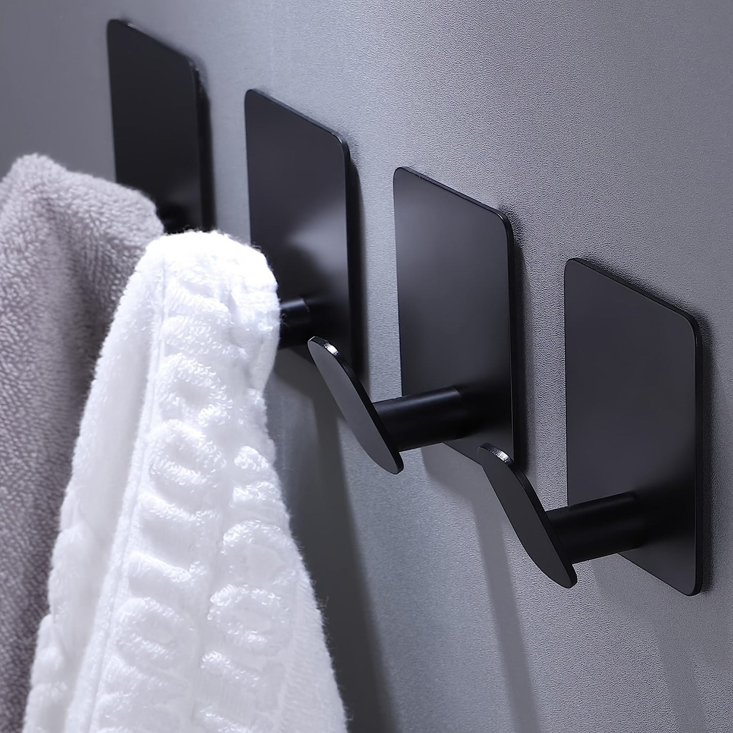 Set of 4 Matte Black Stainless Steel Towel Hooks - Easy Adhesive Wall Mount for Bathroom - Perfect for Towels, Robes, Coats, Hats