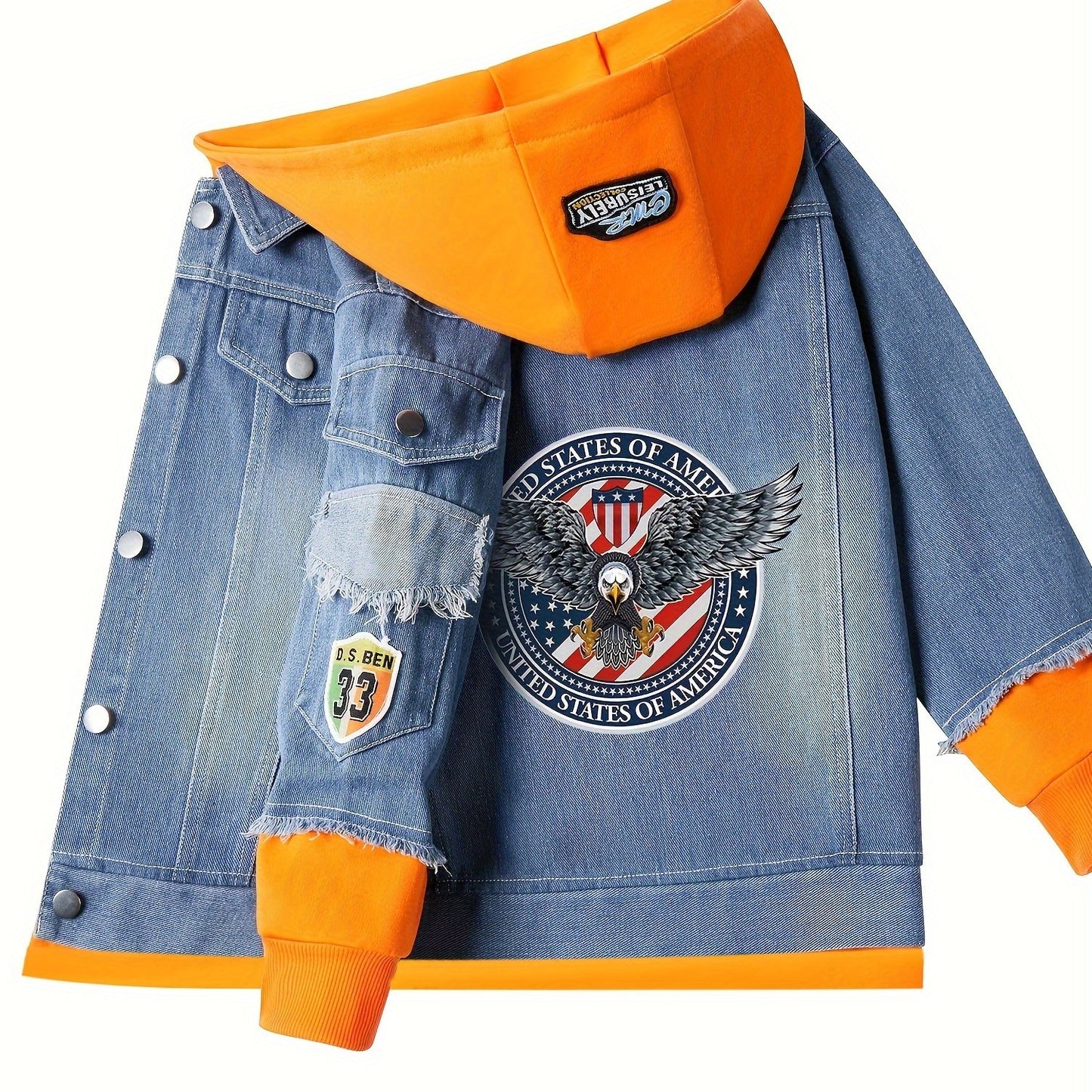 Hooded denim jacket featuring a cartoon eagle anime design, perfect for truck driver cosplay.