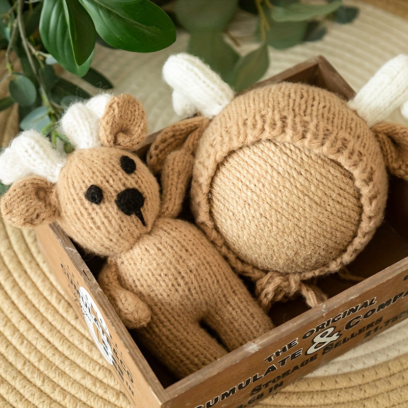 Charming Children's Crochet Hat & Deer Outfit Set - Ideal for Babies' First Month, Baptism, and Photoshoots - Made with Gentle Acrylic, Beautifully Blended Hues