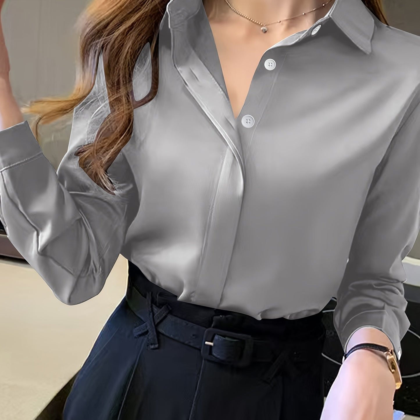 Stylish navy blue long sleeve blouse for women - suitable for work, semi-sheer polyester with button detail, ideal for spring/fall