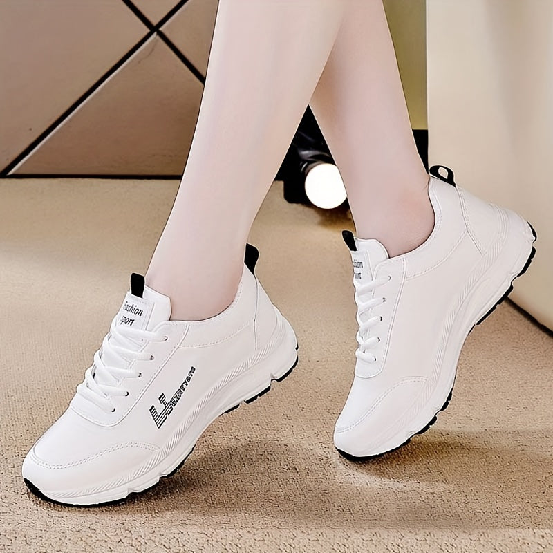 Women's White Lightweight Chunky Sneakers with Soft Rubber Sole, Lace-Up Low Top, Perfect for All Seasons, Casual Dad Shoes.