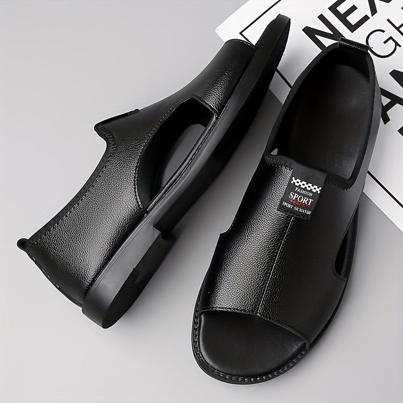 Breathable non-slip black slip-on sandals for men, ideal for summer. Made with synthetic upper and rubber sole. Perfect for casual wear, vacation, and driving.