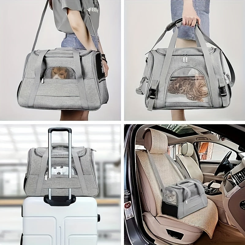 Portable pet bag with four-sided breathable design, includes fur mat, can be used on suitcase or as single shoulder pet bag. Collapsible and transparent, suitable for both cats and dogs.