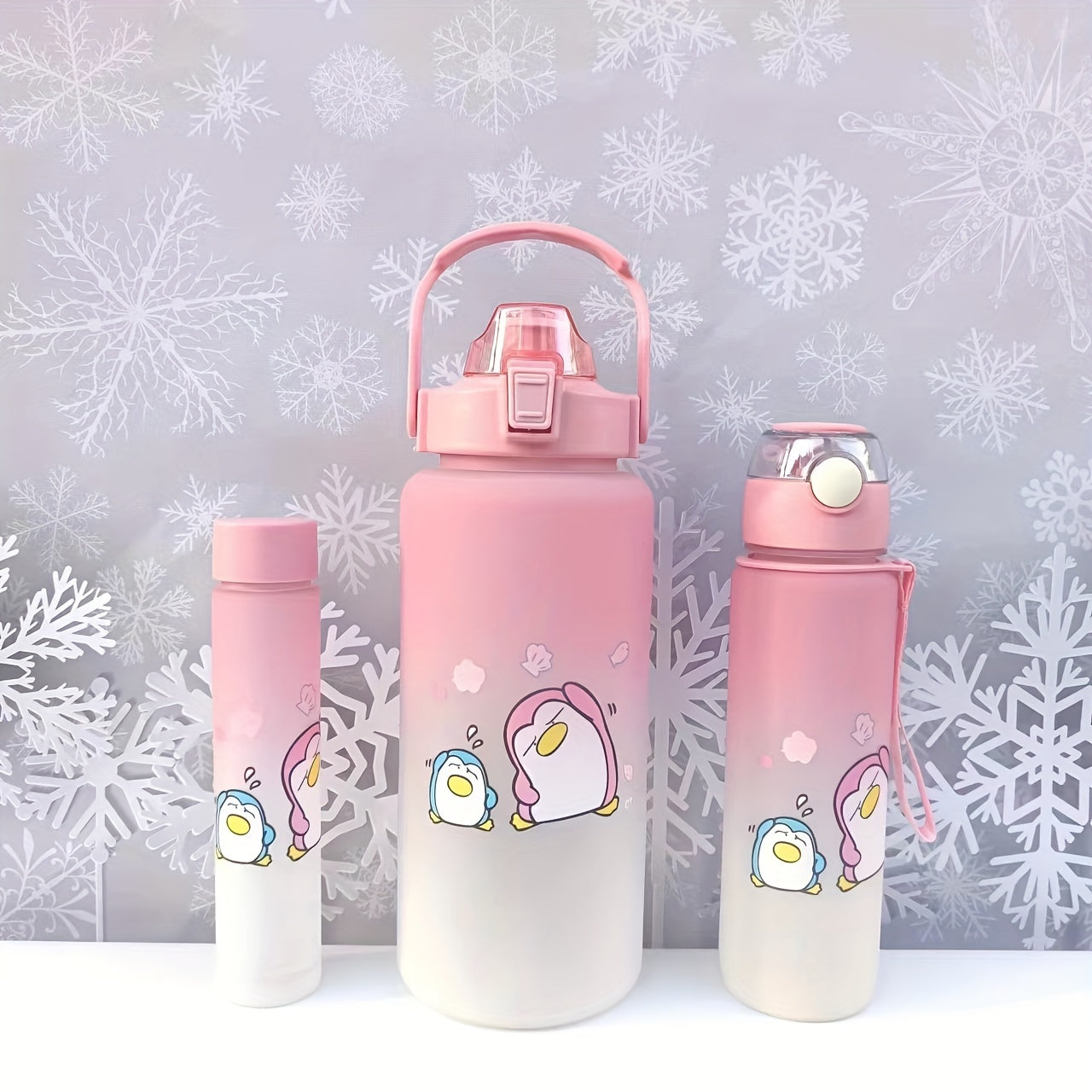 Cartoon cute sports water bottles in multiple sizes, ideal for gifts and use in various settings such as office, school, gym, and outdoor activities.