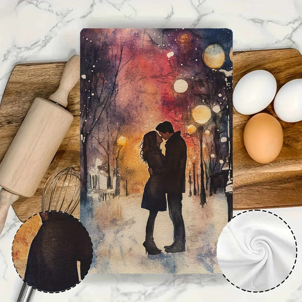 Set of 2 Romantic Sunset Kiss Kitchen Towels - Made with Ultra Soft, Highly Absorbent Polyester Material, Each Towel Measures 40.64x60.96 cm. Easy to Clean in the Washing Machine, Features a Vibrant Winter Scene Design Perfect for Holiday Decor and