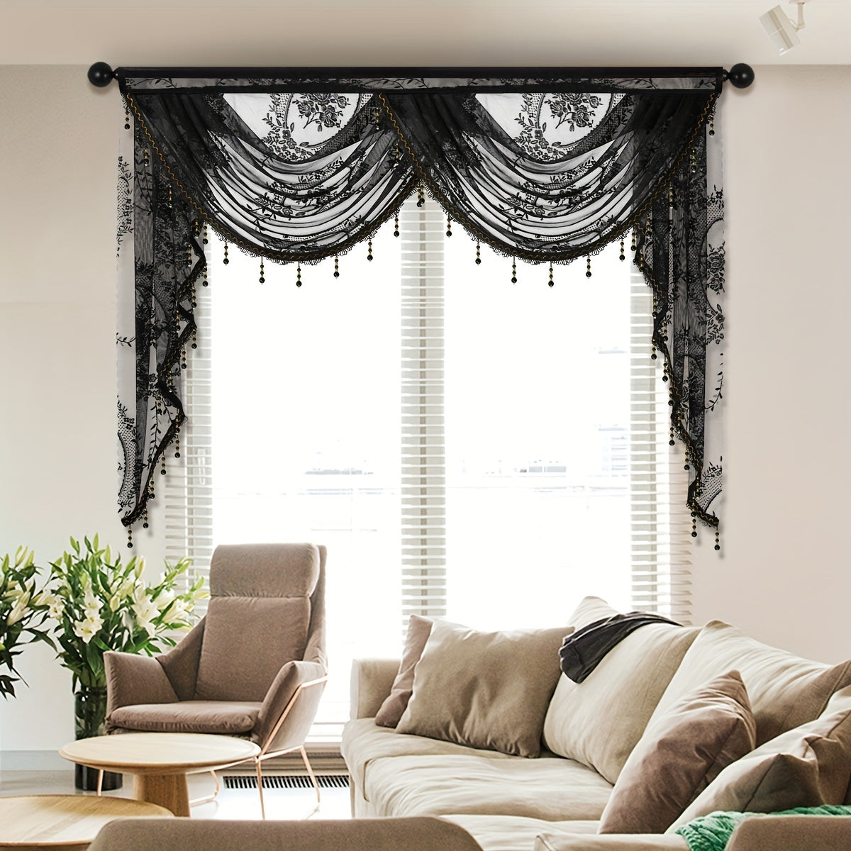 This European style wave curtain features a beautiful black lace valance with a flower pattern. The short curtain is designed with a rod pocket, making it suitable for windows and doors. Add a touch of elegance to your living room with this decorative