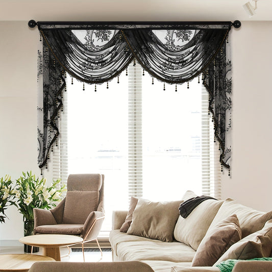 This European style wave curtain features a beautiful black lace valance with a flower pattern. The short curtain is designed with a rod pocket, making it suitable for windows and doors. Add a touch of elegance to your living room with this decorative