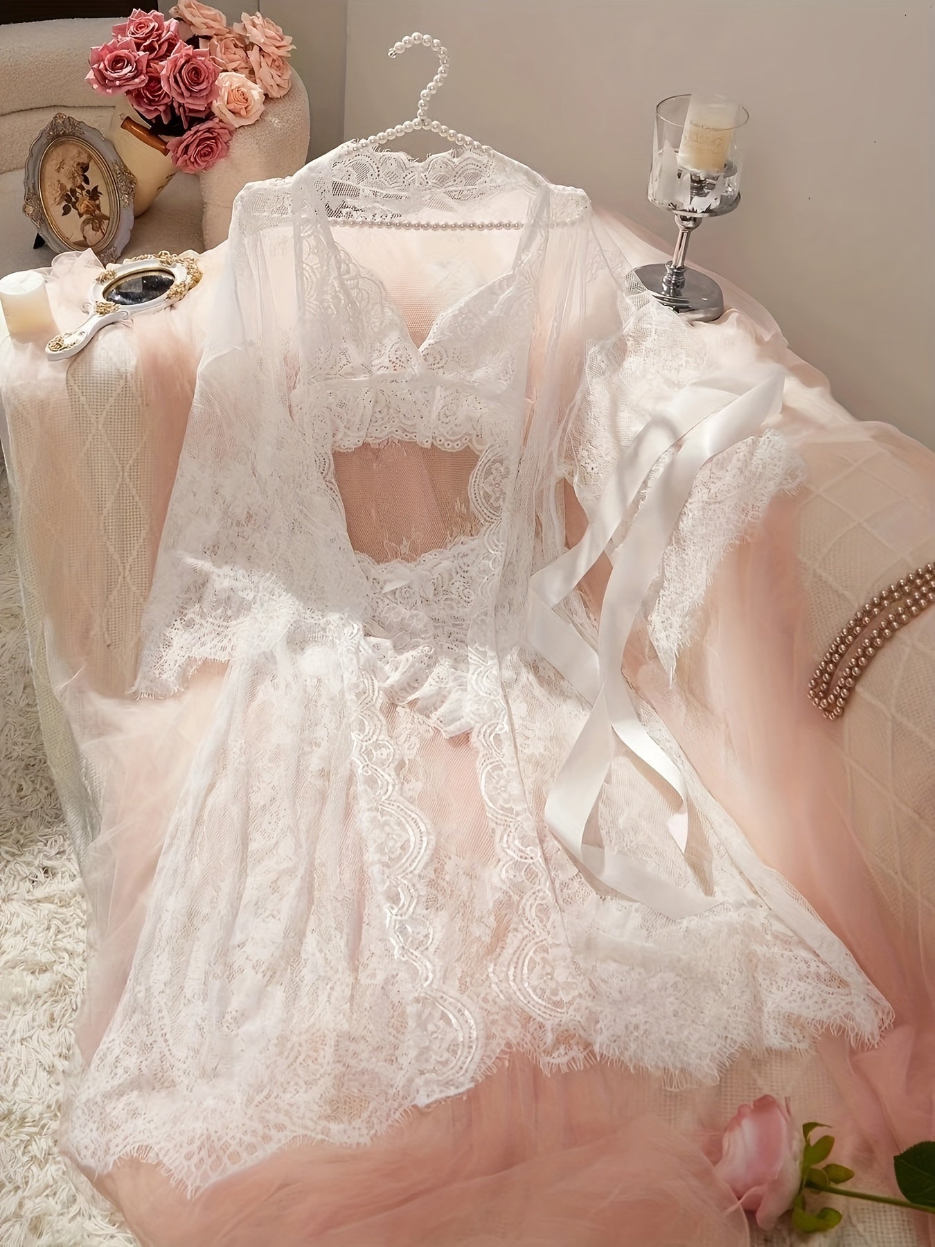 Sheer lace deep V sleepwear for women.