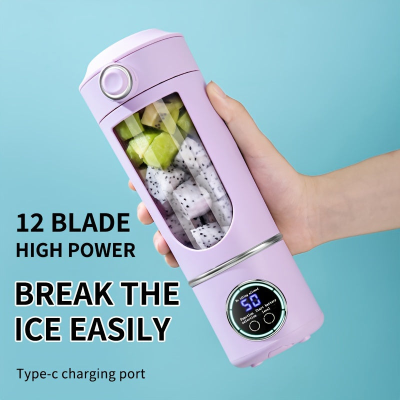 Portable juicer with digital display, compact design, and USB rechargeable battery. Suitable for making smoothies, milkshakes, and fresh fruit juice. Features easy-cleaning 12-blade system, double lid, and ice crusher. Perfect for travel and on-the-go