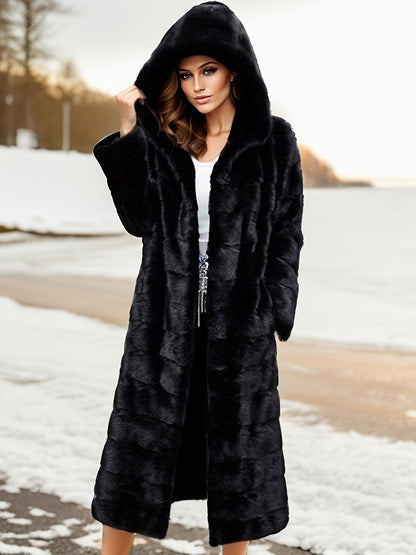 Women's winter coat made with faux sheepskin hood and imitation water mink fur, features a slimming fit, long hood, and plush black faux mink material for warmth.