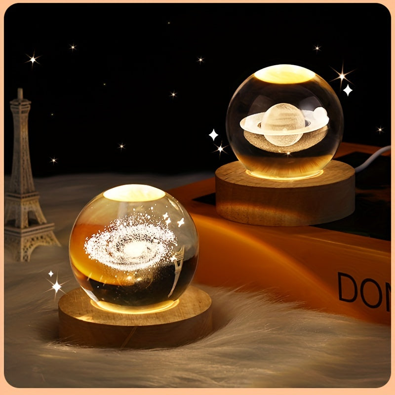 3D crystal ball LED night light for Saturn in the Galaxy Solar System, USB powered with polished finish for home decor and birthday gifts.