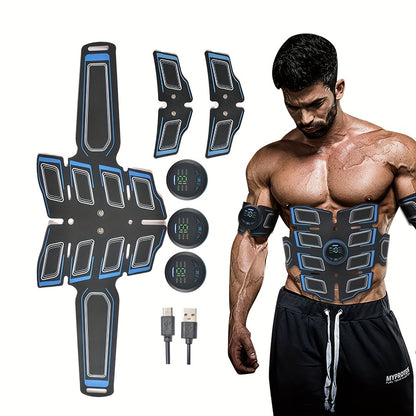 JUMPER EMS Stimulator Belt with rechargeable lithium battery in black and blue. Ideal for abdominal, arm, and leg workouts at home or office for muscle relaxation. Adjustable strap for