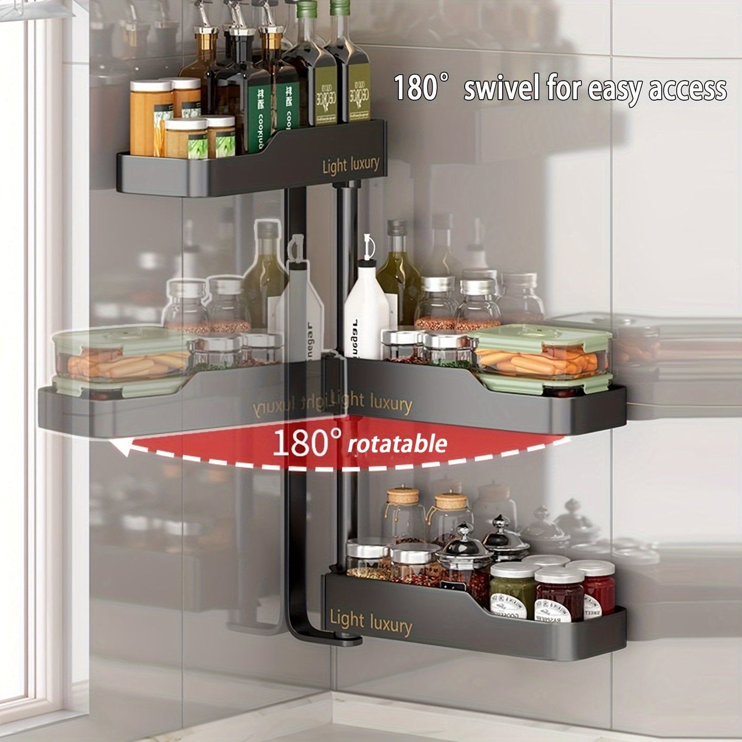 Polished Black Luxury Rotating Kitchen Spice Rack with Adjustable No-Drill Wall Mount - Multi-Layer Aluminum Organizer for Seasonings, Oils, Salt & Sauces