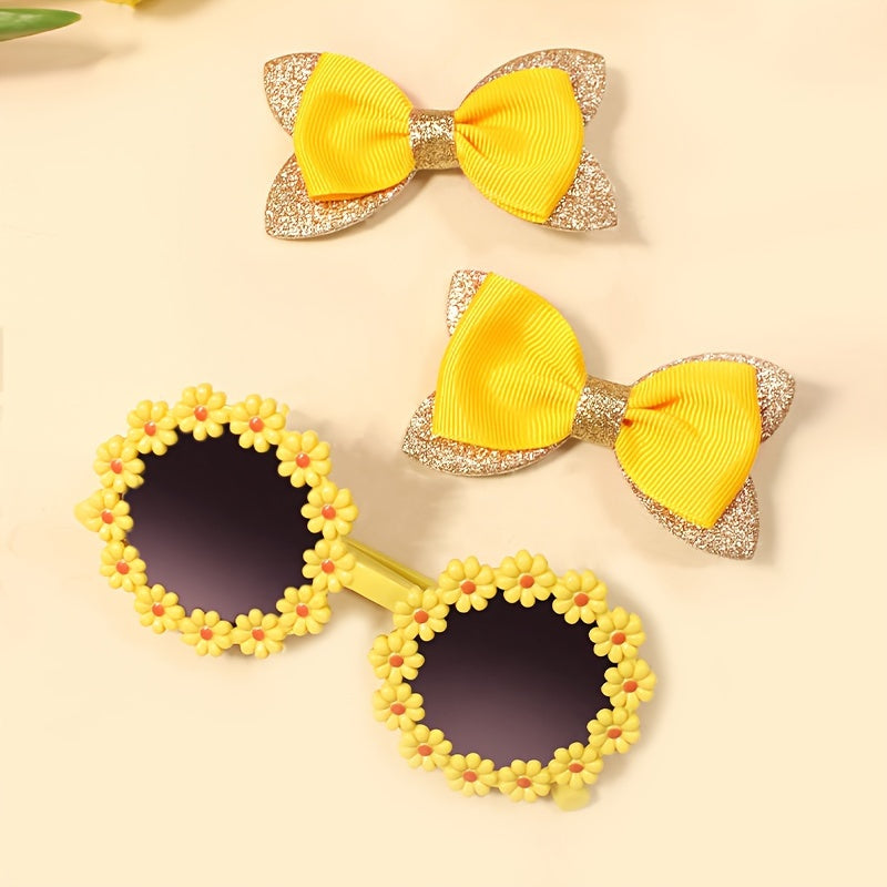 Hair clip and glasses set for women 14+ years old, includes 3 pieces with bow clip and floral glasses in elegant and cute style.