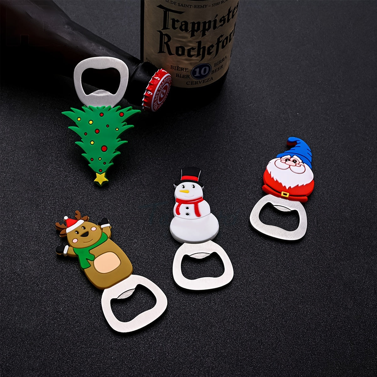 Festive stainless steel Christmas bottle openers in Santa, Reindeer, Tree, and Eagle designs for kitchen and party supplies.