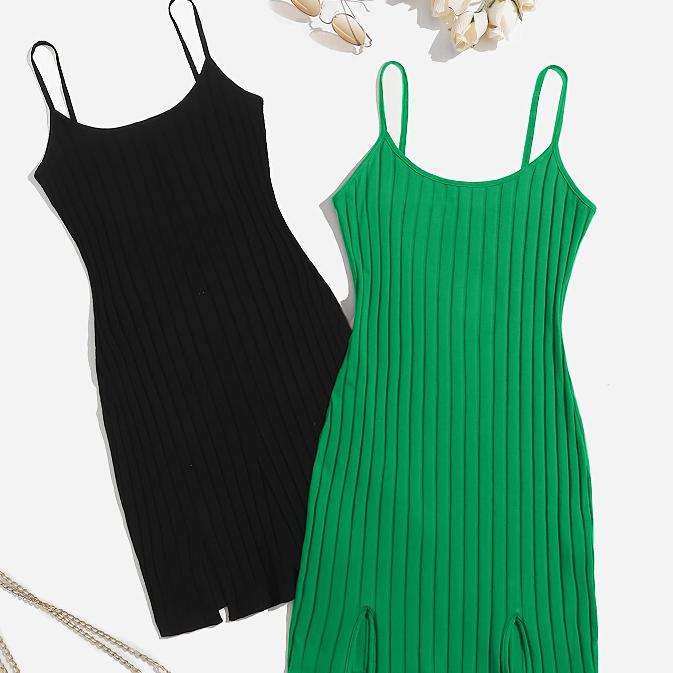 Two solid ribbed lounge dresses with a casual crew neck, split slip design for women's loungewear.