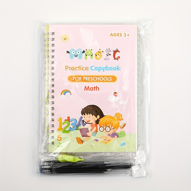 English handwriting practice workbooks for kids - full version with grooved pages, magic writing stickers, bonus pen. Colorful and educational English writing notebook.