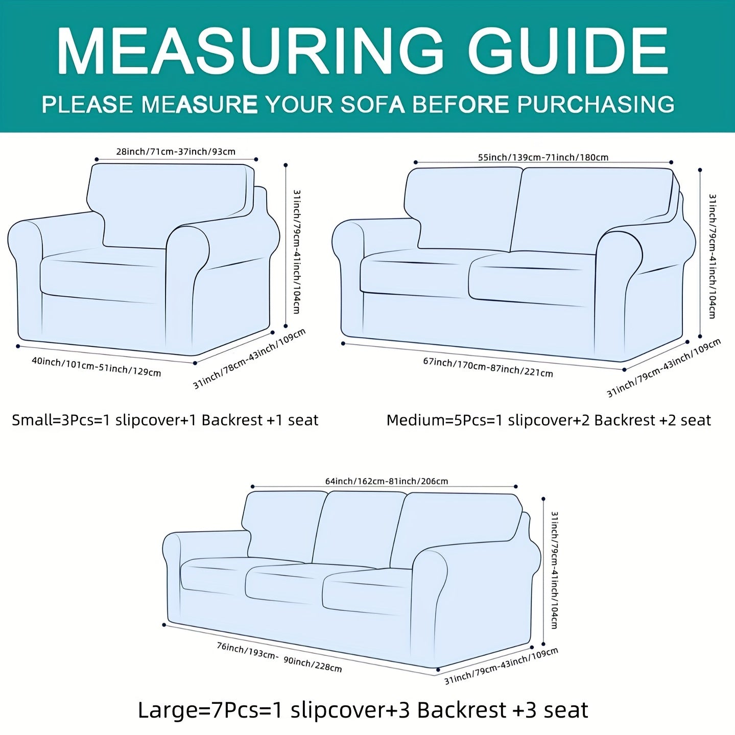 3/5/7/9 piece Stretch Sofa Slipcover Sets for couches, backrests, and cushion covers. Furniture protector collection for home decor in bedrooms, offices, and living rooms.