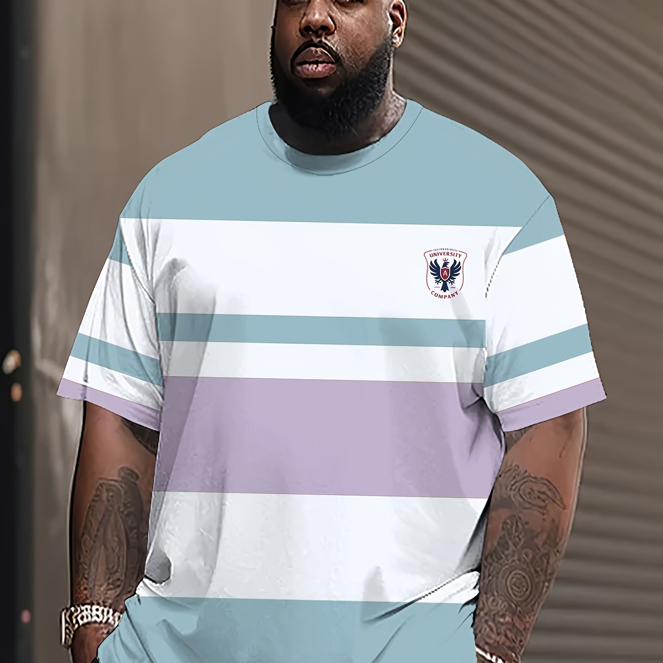 Men's 3D Striped Print T-shirt with crew neck, short sleeves, slight stretch, all-over print, regular fit, 140g/m² knit fabric, and available in plus size.