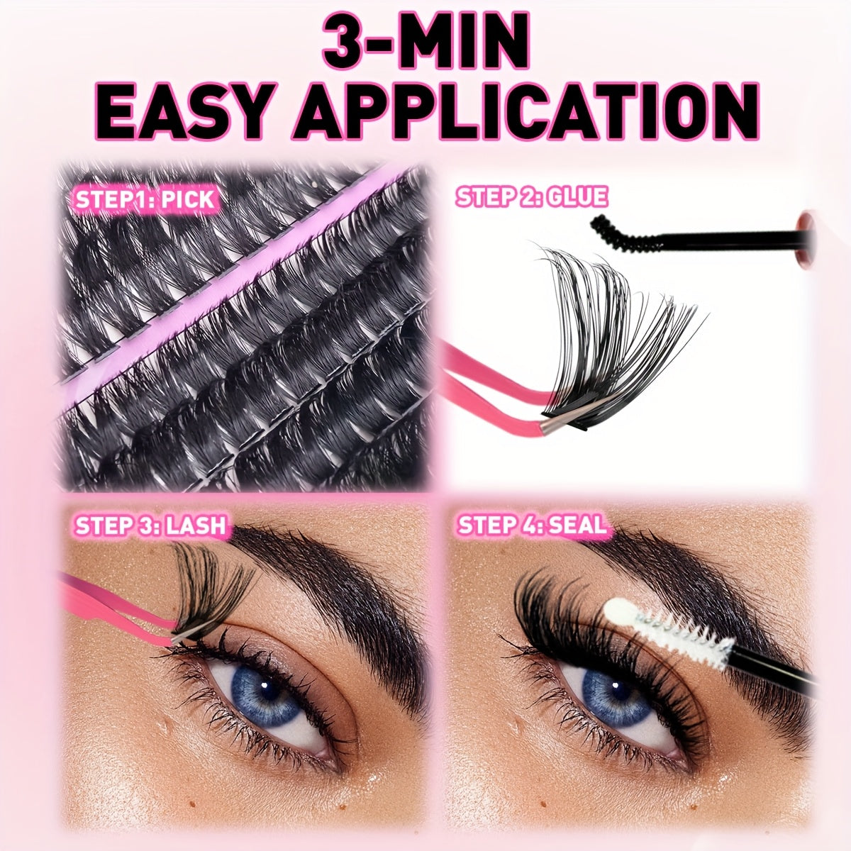 DIY lash extension kit with D curl individual lashes. Contains 200/400/800pcs of lash clusters for fuller, longer lashes. Can be reused.