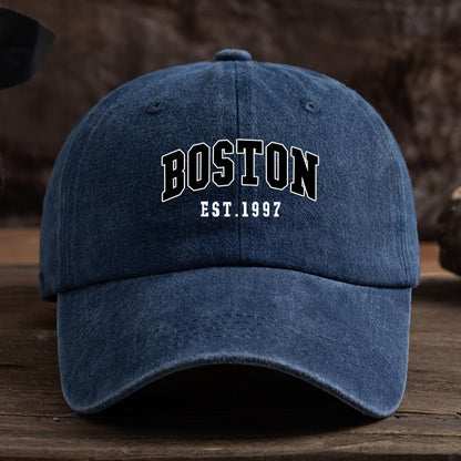 Boston Est. 1997 Unisex Fashion Baseball Cap with Adjustable Curved Brim made of Woven Textile Material, Easy Care, machine washable/dry clean.