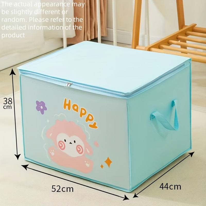 Foldable Storage Organizer with Zipper - Plastic, Cute Cartoon Design, Freestanding, Moisture-Proof Bins for Clothes, Quilts, Luggage - Multipurpose with Double Handle