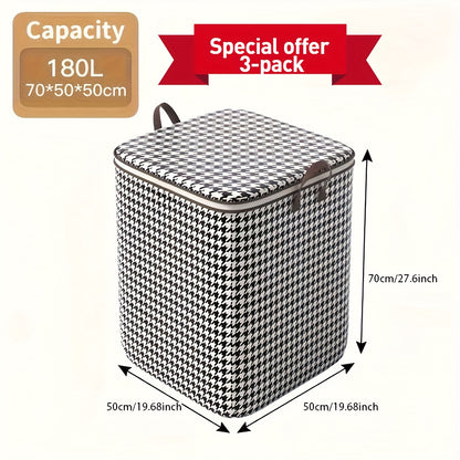 One-third pack of 180.0L extra large houndstooth storage bins made of thickened woven material. Dustproof and moisture-resistant with double zipper and handles. Unscented and no electricity or batteries required.