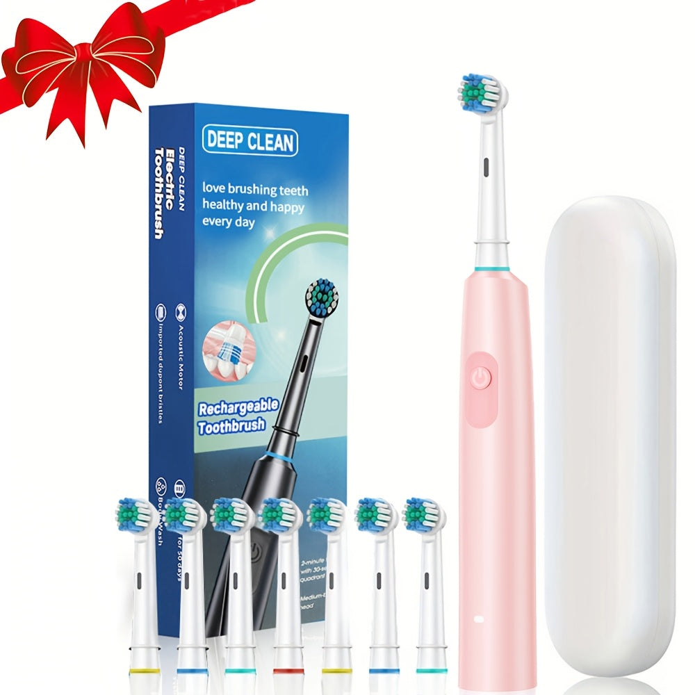 1 Round Rotating Electric Toothbrush with 8 Brush Heads, Travel Case, UCB-C Charging, 5 Modes, Super Fast Cleaning Mode - Perfect for Home and Travel, Ideal Gift