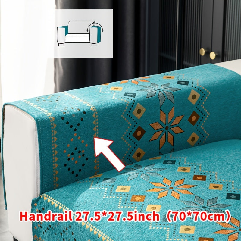 Bohemian four seasons chenille sofa cover with geometric embroidered pattern, offers sofa protection and non-slip feature for home decoration in bedroom, office, and living room.