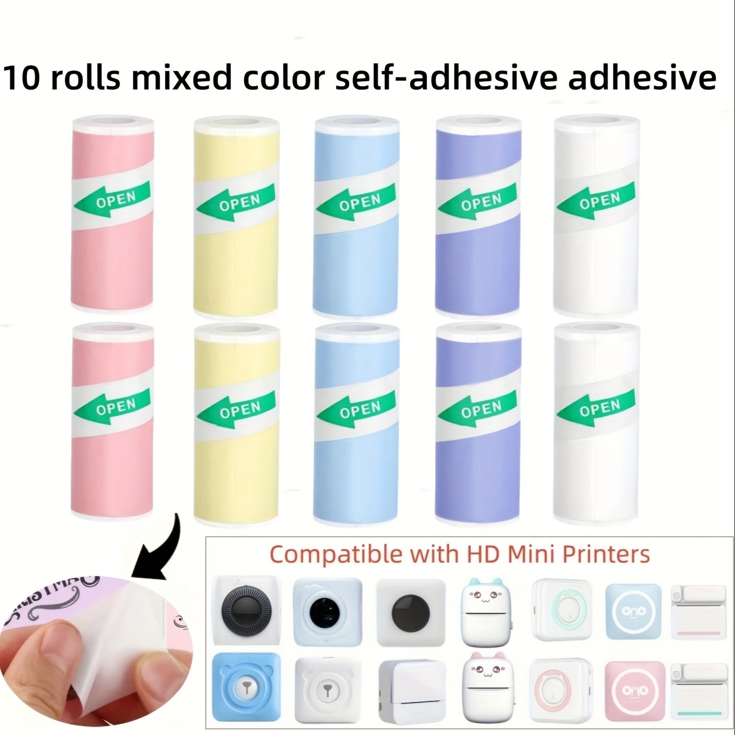 Colorful adhesive stickers in rolls, 57*25mm, suitable for mini printers/Polaroid cameras, ideal for inkless printers, study notes, work, photos, and memos. Glossy finish, compostable