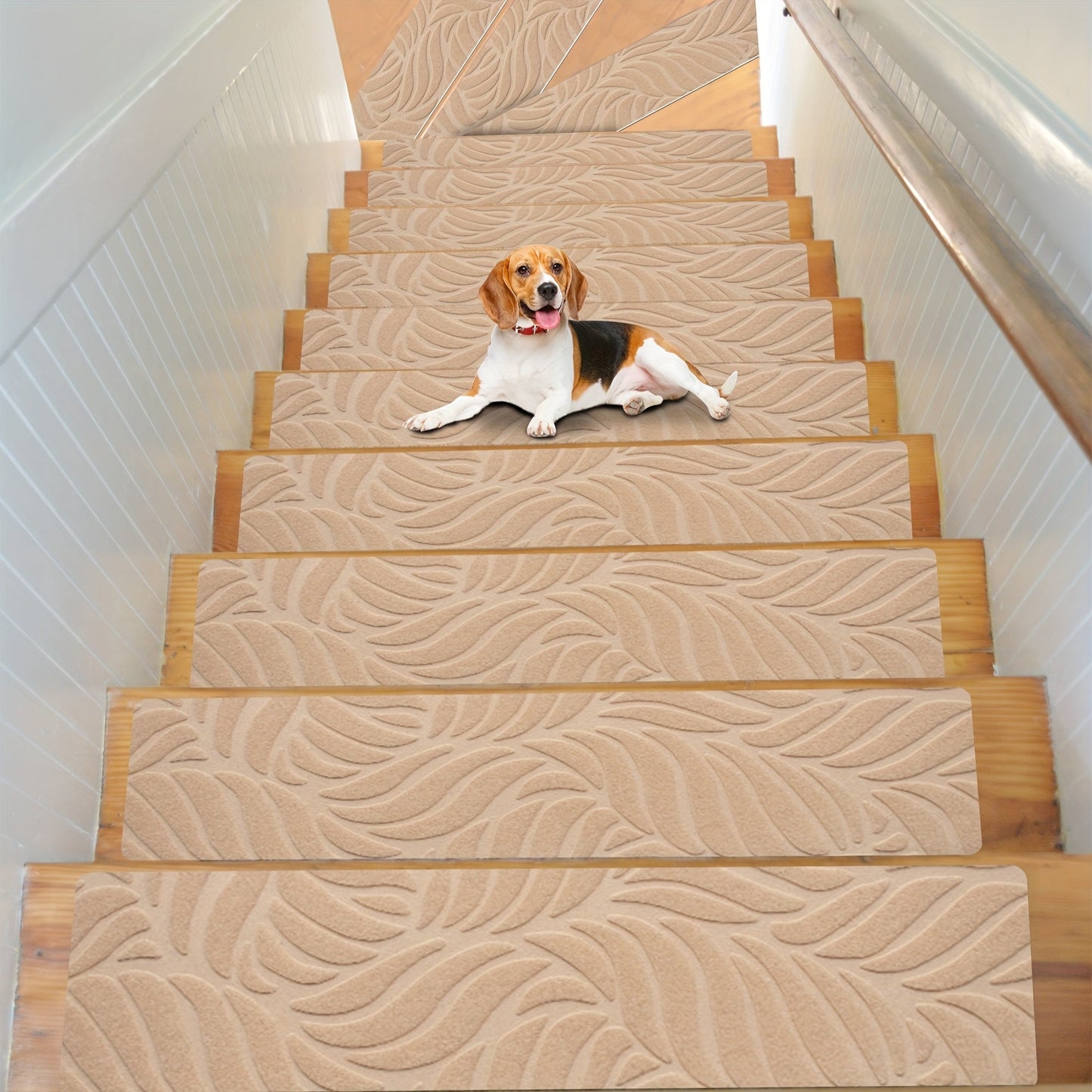 15 pieces of carpet stair treads by JAYFAN, designed for wood steps with non-slip features to provide safety for both pets and humans. These indoor stair treads are washable and reusable, making them a practical choice for any staircase.