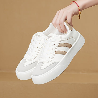 Breathable Lace-Up Cap Toe Sneakers with Korean Style Stripes for Women - All-Season Fashion Shoes with PVC Sole and Non-Woven Insole