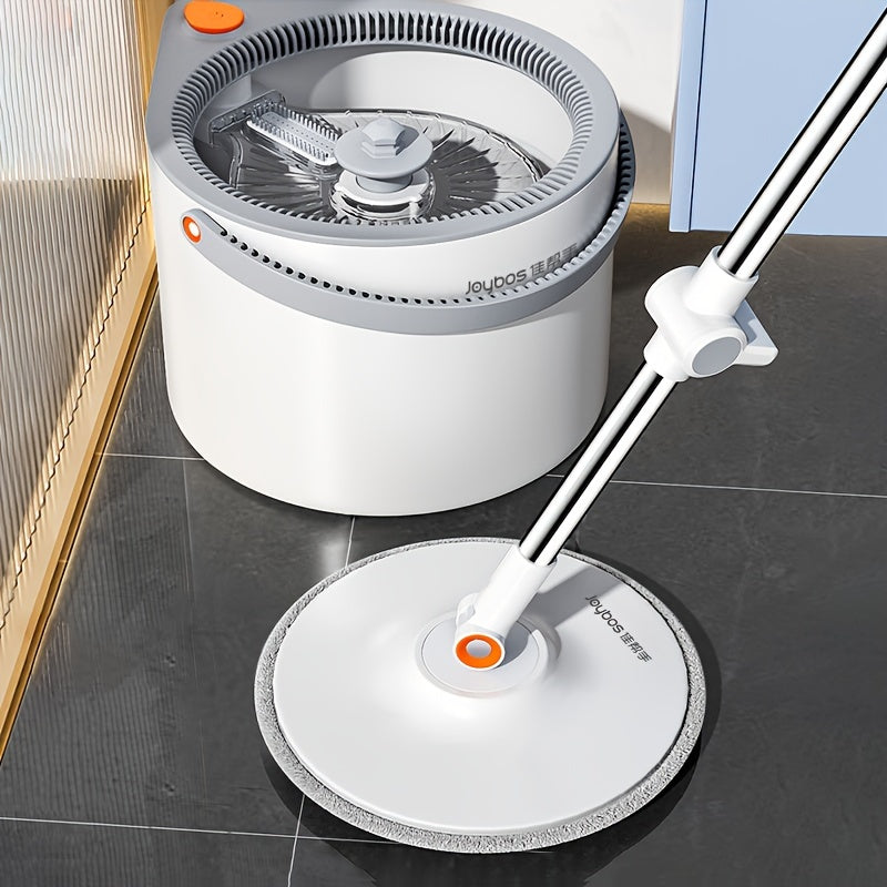 Experience the convenience of the Joybos Spin Mop and Bucket Set, featuring 2 Microfiber Pads. This stainless steel set is designed for wet and dry use on various floors throughout your home, including the bedroom, kitchen, living room, and bathroom. Say