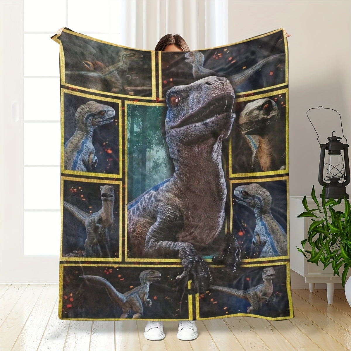 Soft plush throw blanket featuring a geometric pattern inspired by Jurassic dinosaurs. Made of 200-250g polyester with a digital print in a mid-century style. Versatile for use in all seasons and all weather conditions. Suitable for both men and women