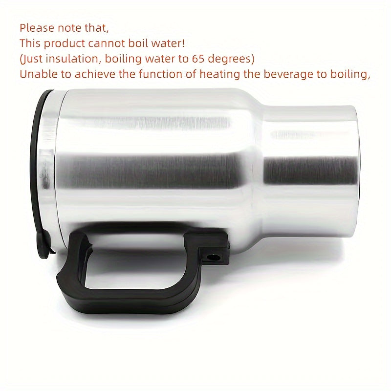 Stainless steel car electric heating cup with handle and lid, 12V/24V compatible for hot beverages on the go.