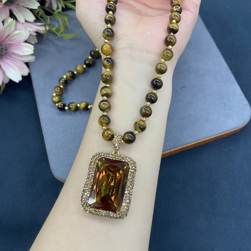 Elegant Tiger Eye Stone Pendant Necklace with 14K Golden Plating and Synthetic Crystal Accents, Perfect for Daily or Special Occasions, Autumn Collection