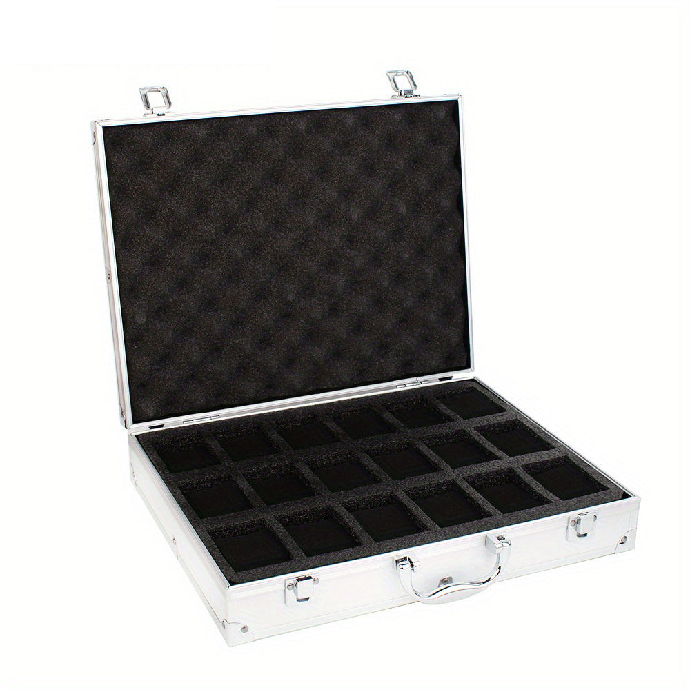 One piece of an aluminum alloy watch storage box with 18 slots, designed for men watch collectors. This portable clock display box can also be used as a gift box.