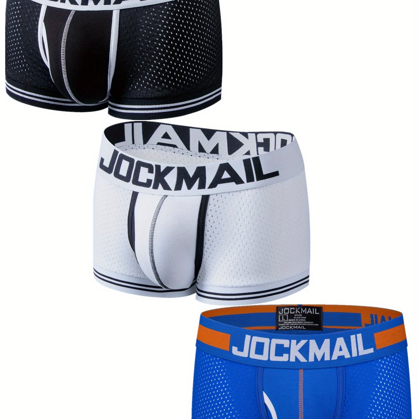 Set of 3 JOCKMAIL Men's Boxer Briefs in Black, White, & Blue with low waist, breathable mesh, color block design, and elastic waistband & cuffs