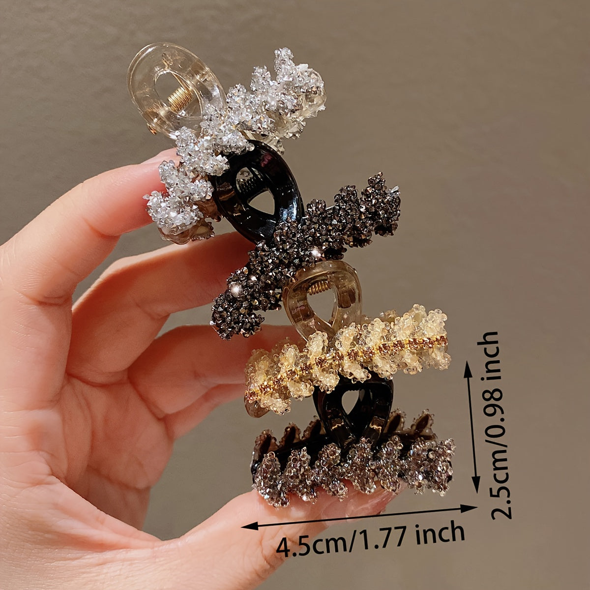 4 elegant rhinestone hair claw clips with small wheat sheer design in black, brown, and clear.