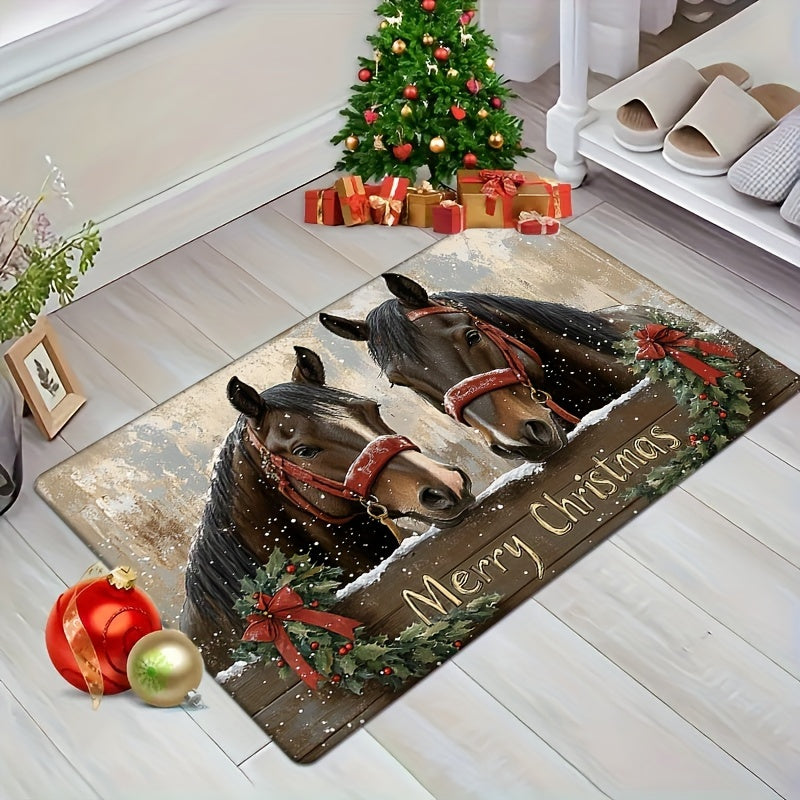 Festive Holiday Christmas Horse Doormat for Kitchen or Living Room - Non-Slip, Washable, Water-Resistant, Lightweight, Machine Made with Flat Woven Polyester and Low Pile Texture