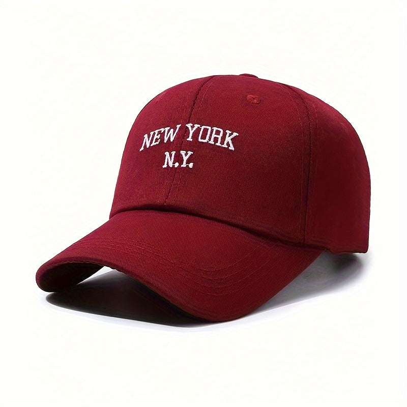 New York embroidered baseball cap with adjustable snapback for sun protection in black with white NYC lettering. Suitable for outdoor sports, unisex, and made of polyester blend.