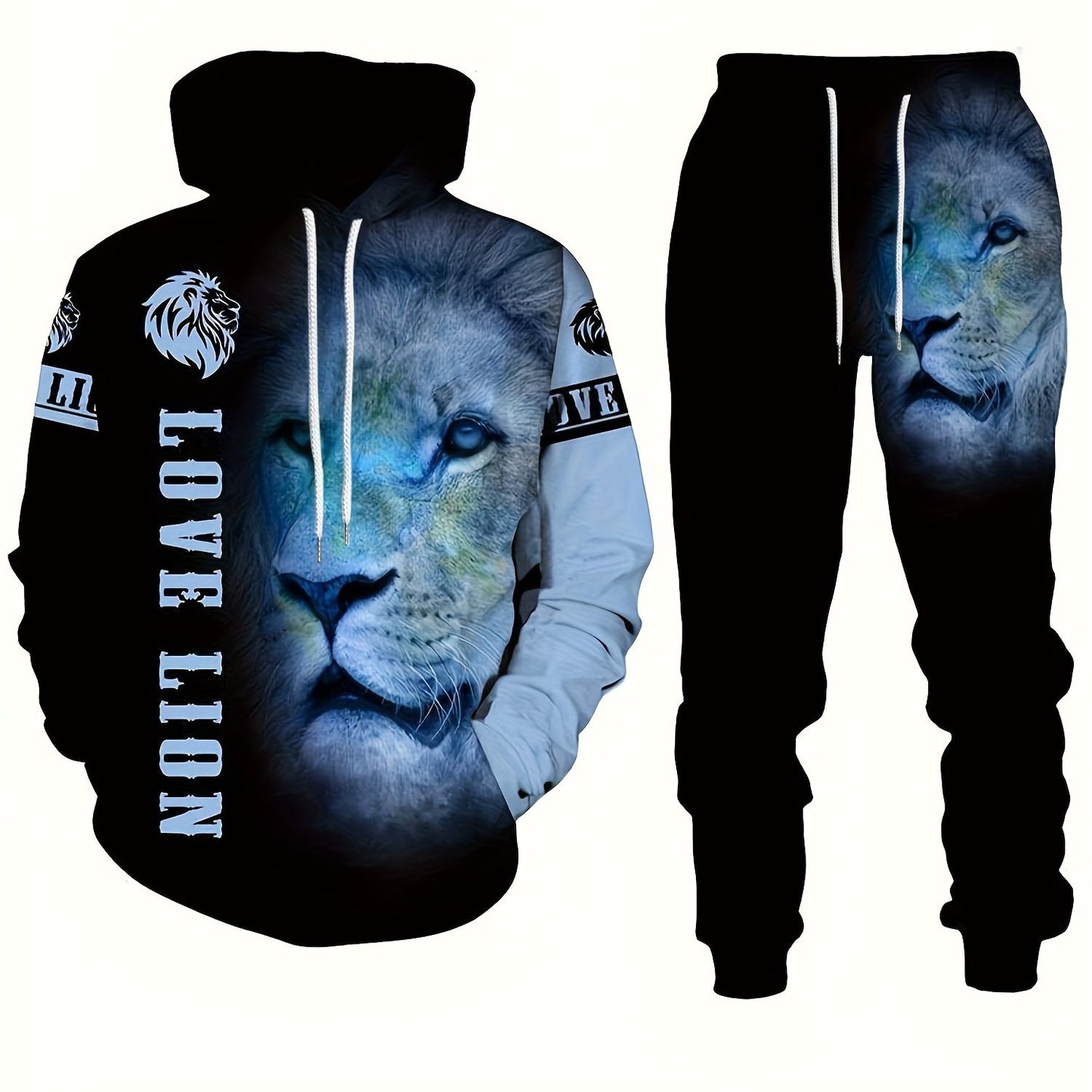 Men's plus size lion print 3D hooded sweatshirt and sweatpants set for autumn/winter.