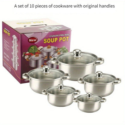 This Stainless Steel Cookware Set includes 10 pieces with lids, featuring Soup, Milk, and Sauce Pots in sizes ranging from 16.0cm to 25.4cm. Ideal for use in home kitchens.