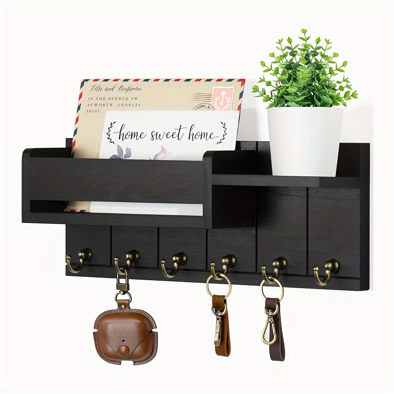 Wooden wall mount key holder with mail organizer and tray, easy to install, farmhouse decor for various rooms, includes wall hooks for keys and accessories.