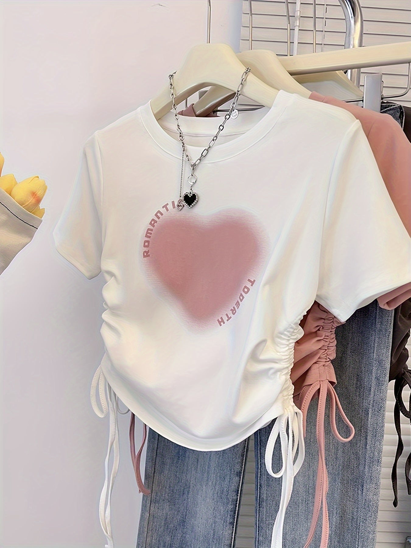 Heart Print Drawstring Side T-shirt, Short Sleeve Slim Crop Top, Women's Summer Clothing